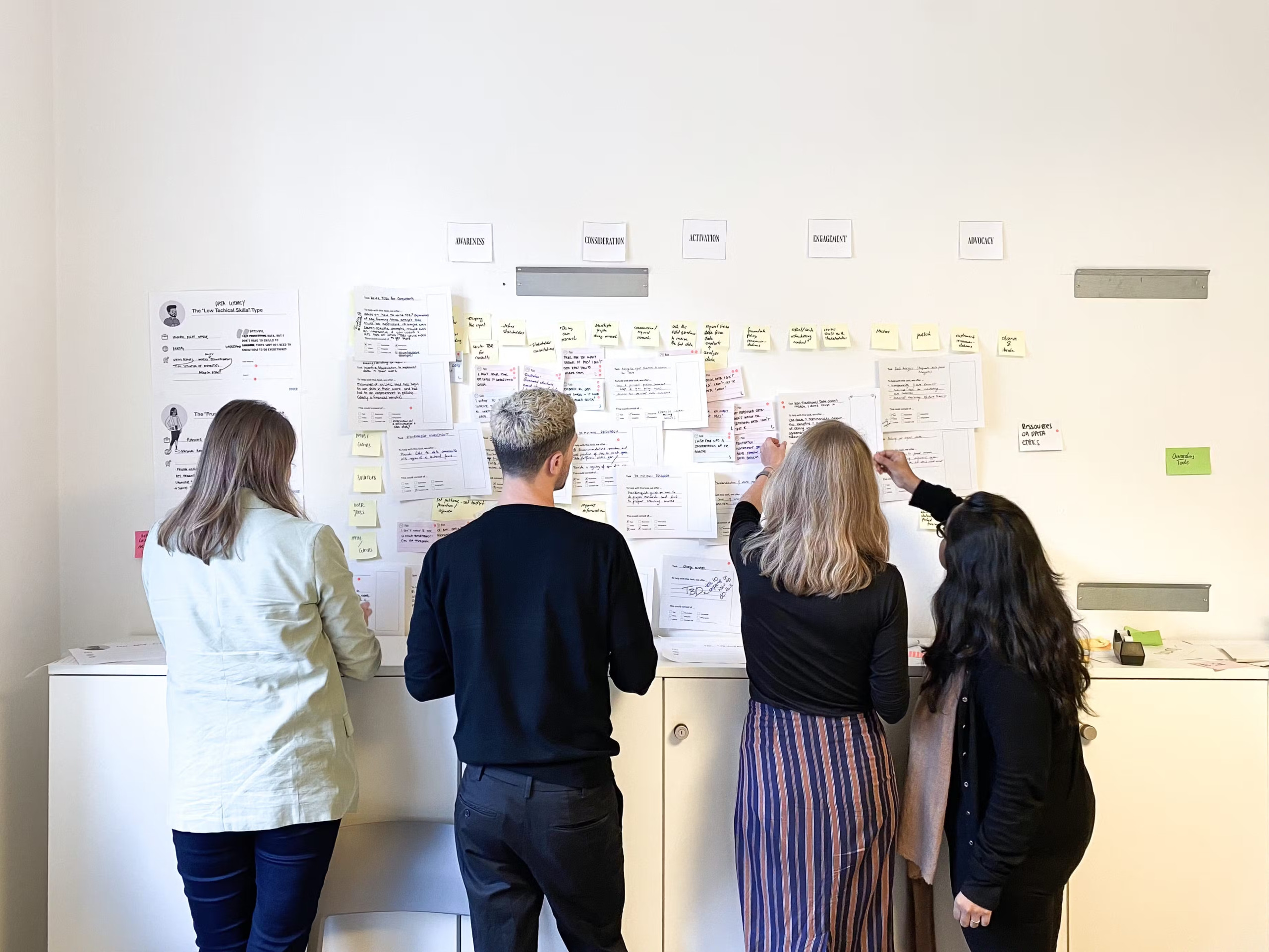People standing in front of a wall, looking at and discussing post-its