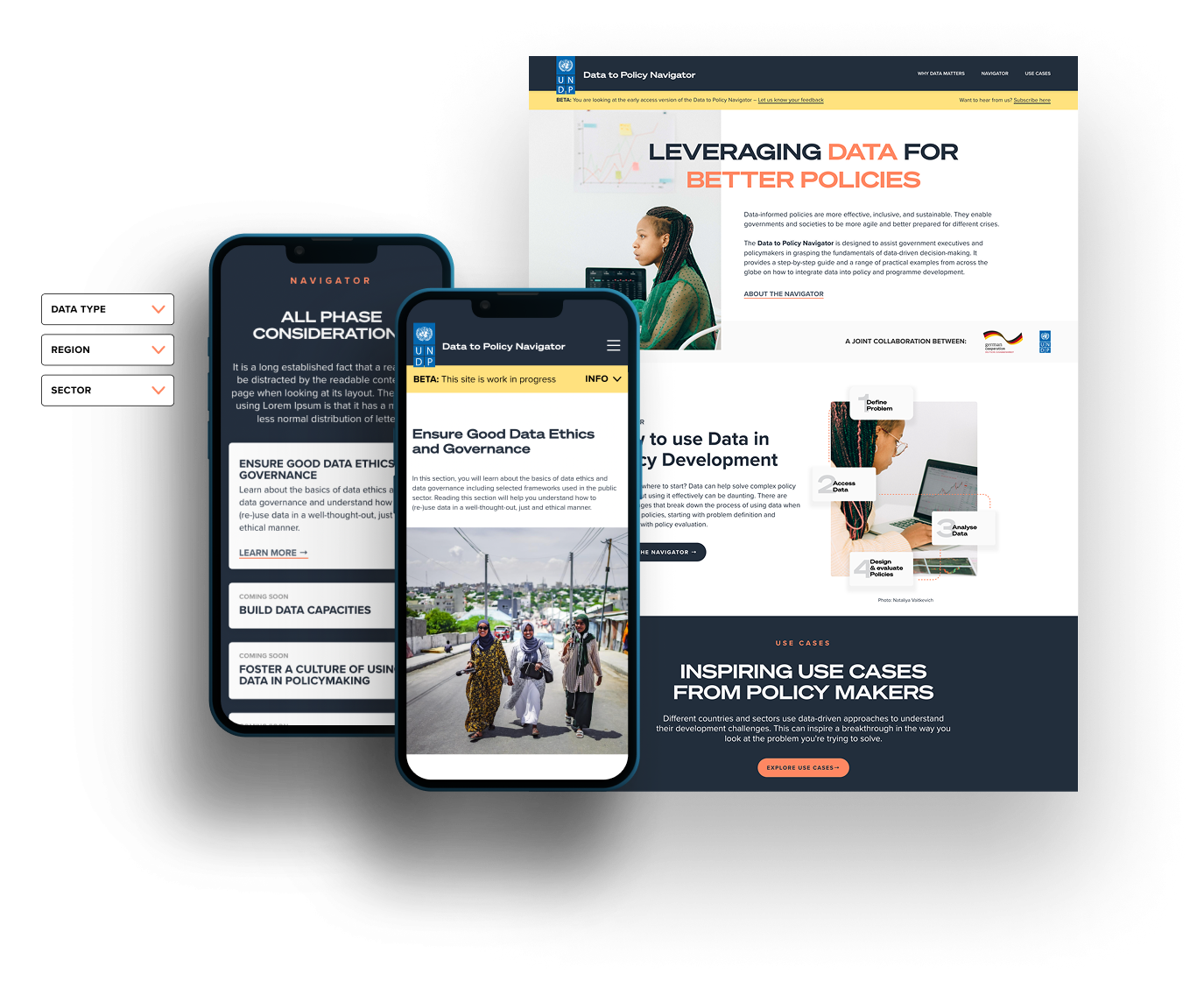 A collage of devices showing elements of the new Data to Policy Navigator website