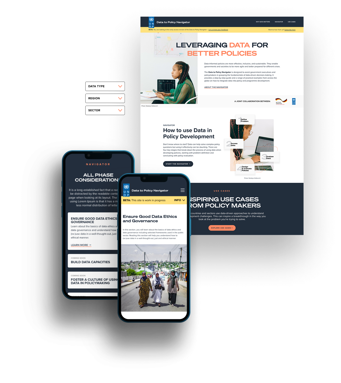 A collage of devices showing elements of the new Data to Policy Navigator website